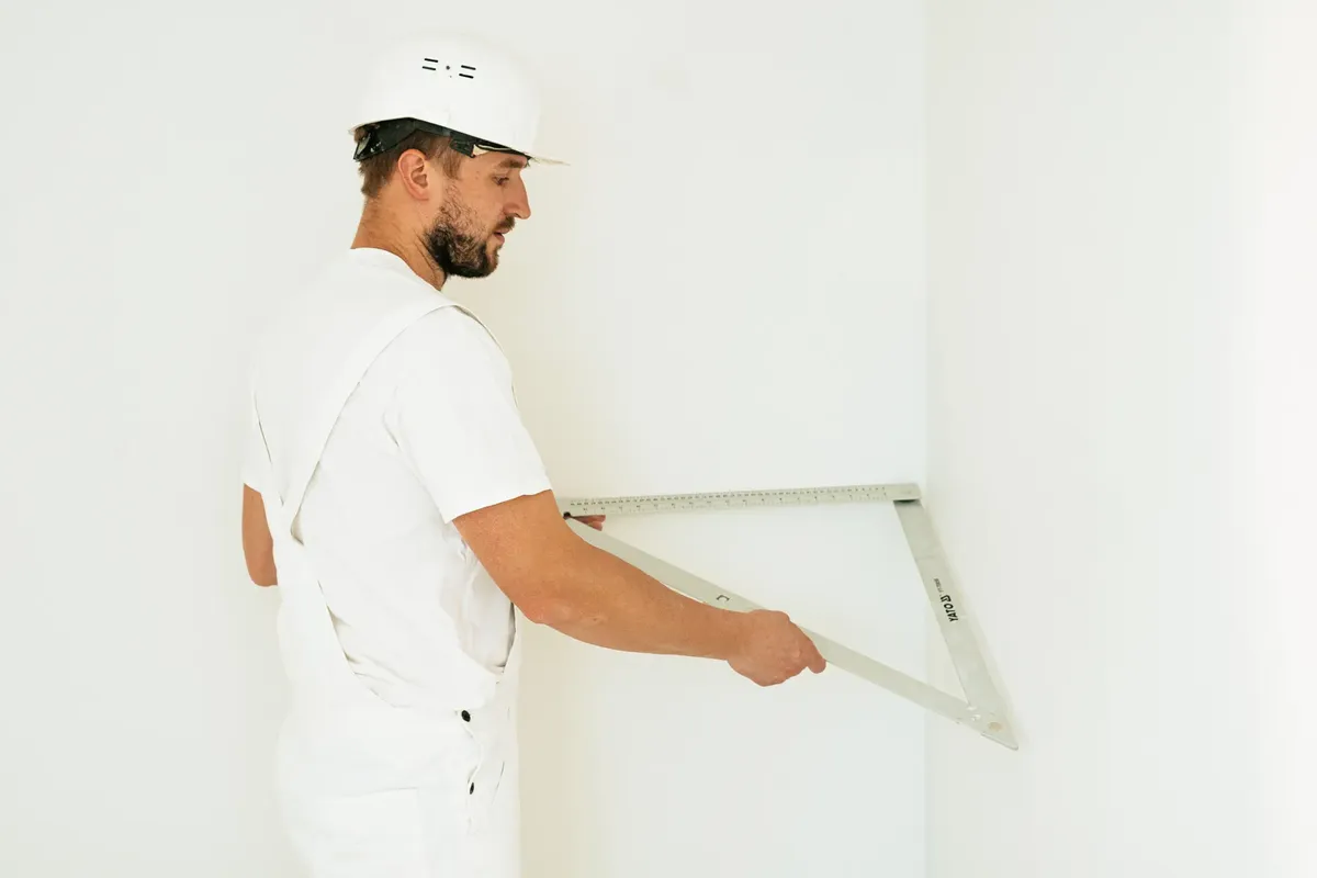 Side view of a construction worker with safety helmet measuring a wall corner indoors.
