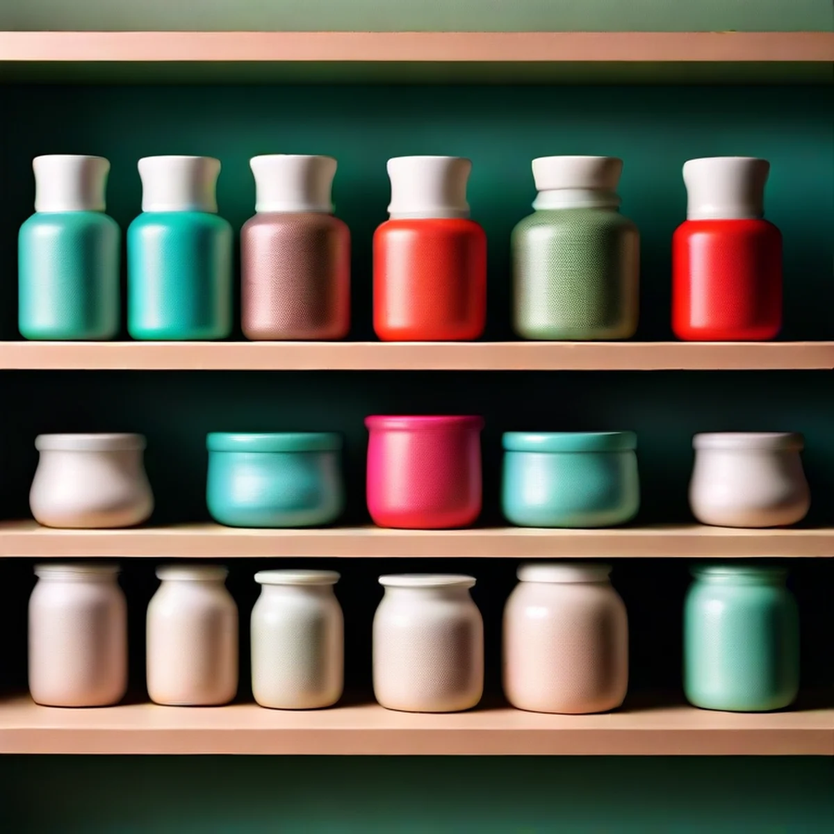 Aesthetically arranged ceramic spice jars on a kitchen shelf