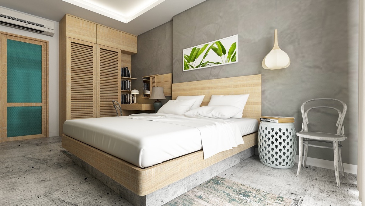 Luminária de mesa moderna com luz quente em um quarto minimalista.