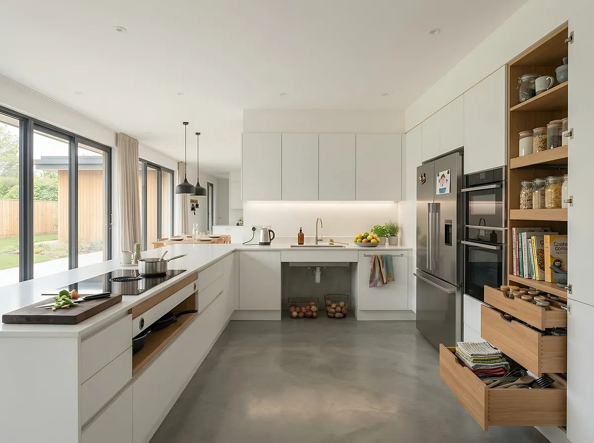 modern kitchen, interior design, kitchen counter, open pantry, induction cooktop, kitchen cabinet, functional design, home renovation, residential architecture,