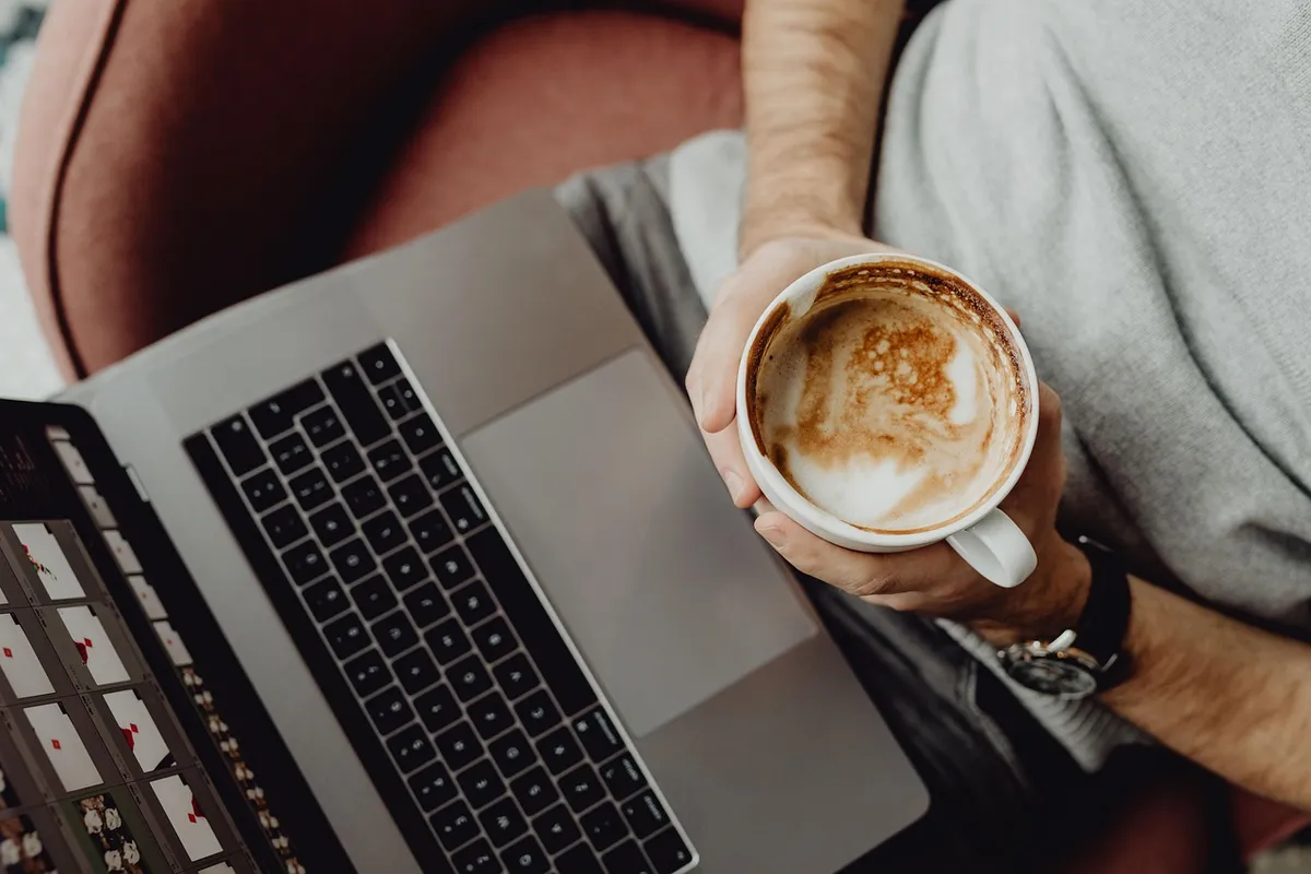 coffee, cup, coffee cup, computer, home, laptop, macbook, technology, office, business, designer, work, man, casual