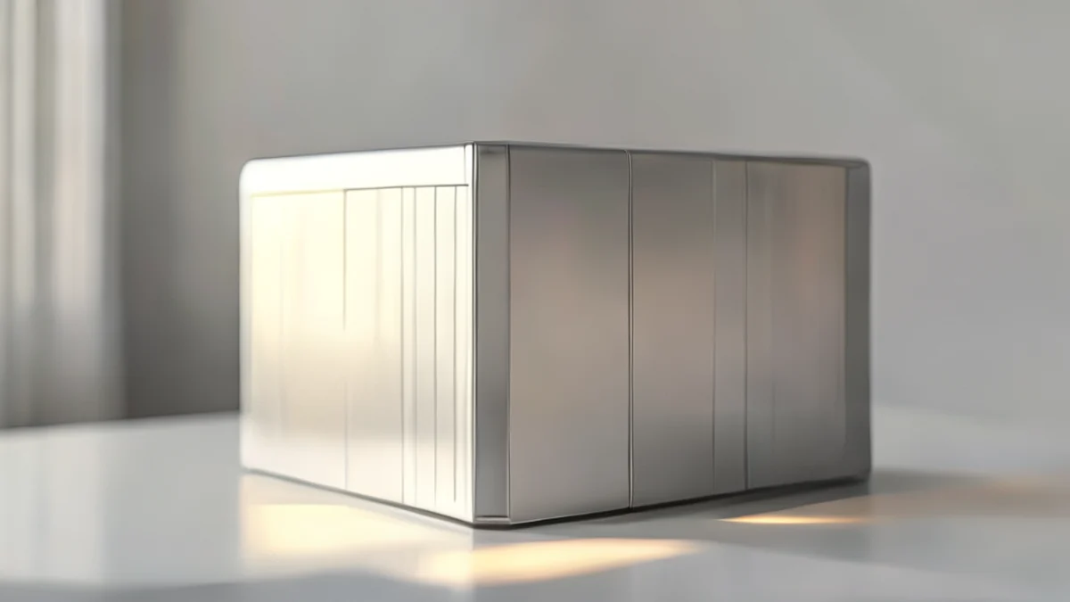 Caja de alumínio, cinza claro, retangular, lisa, sobre uma mesa branca, luz quente, profundidade de campo suave, fotorealista, detalhes altos